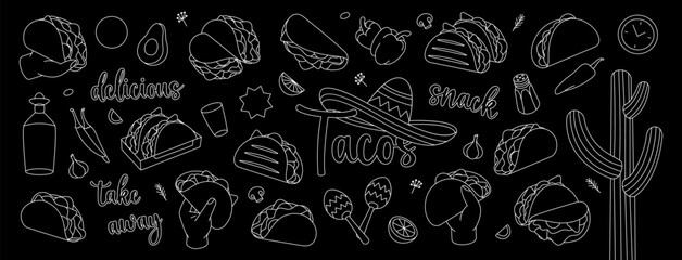 Tacos outline set. Tasty fast food. Tacos with meat, vegetable and tortilla. Traditional Mexican street fast food. Vector illustration