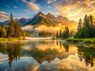 Obraz premium Golden Morning Light bathes the serene mountain lake in warm tones, highlighting the mist-covered peaks and lush vegetation surrounding the calm waters.