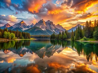 Obraz premium Tranquil mountain lake mirrors the kaleidoscope of colors unfolding in the dawn sky as soft golden light dances across the calm waters and surrounding peaks.