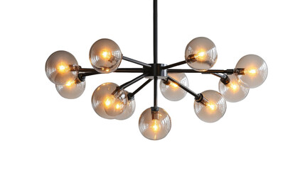 Contemporary chandelier with glass globes, glowing warmly, modern and sleek with geometric shapes isolated on background.