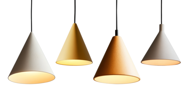 Minimalist cone-shaped pendant light, soft glow, suspended by a thin black cord, isolated on background.
