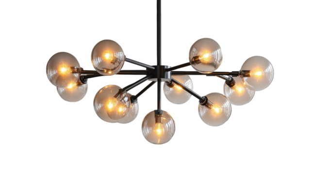 Contemporary chandelier with glass globes, glowing warmly, modern and sleek with geometric shapes isolated on background.