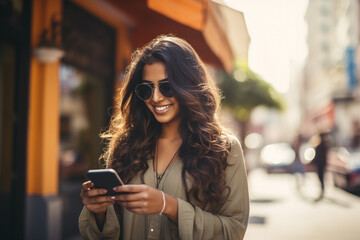 woman looking at her cellphone outdoors with glasses