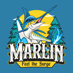 Marlin Fish Sport Fishing Logotype in Blue Background Colorful Vector Cartoon Modern Illustration for sticker badge emblem t-shirt banner invitation