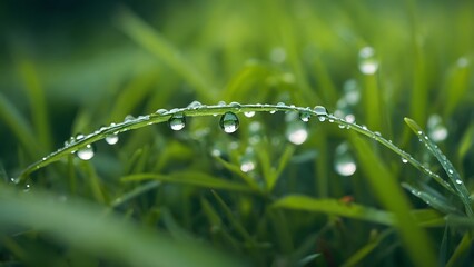 Morning Dew Glistens on Grass Blades in a Lush Meadow During Early Sunlight Hours
