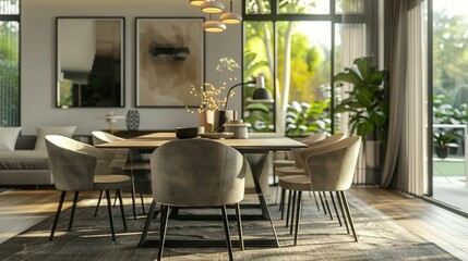 Obraz premium Cozy Modern Dining Room Interior: Home Mockup 3D Render Background