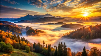 Fototapeta premium Misty Mountain Valley comes alive with vibrant colors as sunrise breaks through morning fog casting long shadows and warm light.