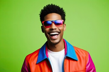 Obraz premium Joyous Portrait of a Trendy Male in Bright Colors with a Vibrant Lime Background