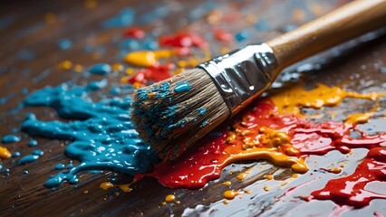 Obraz premium Colorful Splatters of Paint With a Brush on a Wooden Surface During an Artistic Creation Process