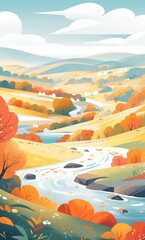 vertical Autumn Landscape with Rolling Hills, Vibrant Trees, and a Winding River Through a Serene Valley