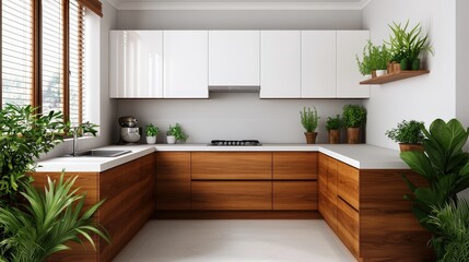 Modern Kitchen Design with White Cabinets  Wood Countertops and Green Plants
