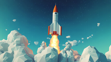 Naklejka premium Low poly rocket launch - space exploration art. Low Poly Art. Illustration