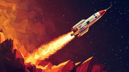 Fototapeta premium Low poly rocket launch - space exploration art. Low Poly Art. Illustration