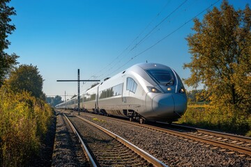 Naklejka premium high-speed train on railway tracks through autumn landscape