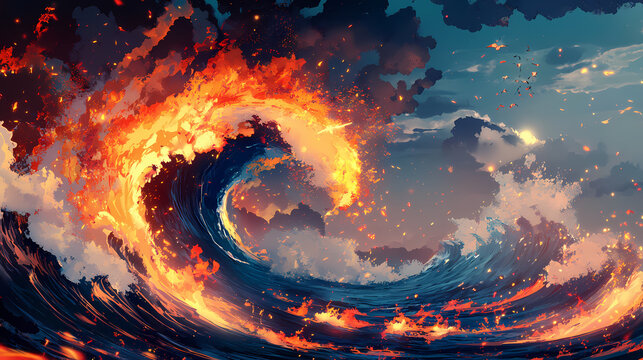 Modern japanese inspired fire and water crashing fighting, wave style. Anime Style. Illustration