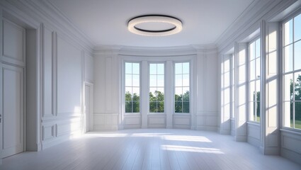Bright Minimalist Room with Large Windows and Circular Ceiling Light
