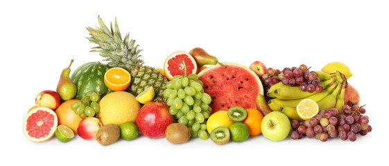 Many fresh ripe fruits isolated on white