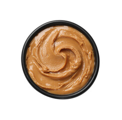 Tasty peanut butter in bowl isolated on white, top view