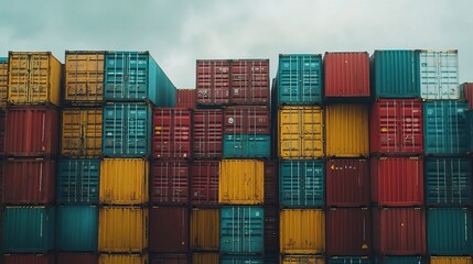 Fototapeta premium Colorful Stacked Shipping Containers Against Gray Sky