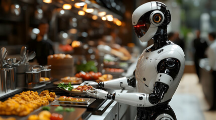 Fototapeta premium Robot Server Serving Food at a Buffet