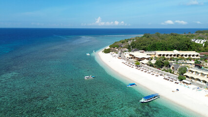 Gili Islands Tourism. Coastline of Gili Trawangan Island in Indonesia, drone view