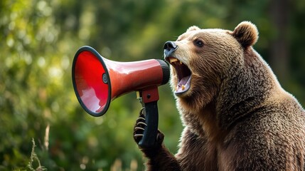Bear Using Megaphone in Nature Setting