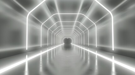 3D Room with White Background: Abstract Space Technology Tunnel Stage Floor and Futuristic Corridor Render