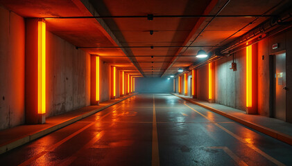 Sci Fi Futuristic Modern Parking Neon Glowing Laser Orange Yellow Cement Concrete Reflective Dark Underground Car Showroom Warehouse Garage Background 3D Rendering Illustration