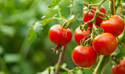 Tomatoes growing in a greenhouse. Ripe red tomatoes on a branch.
