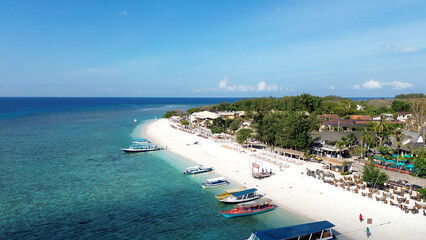 Coast of Gili Trawangan island, nature and landscape on the beach, drone view