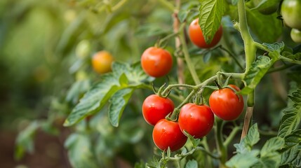 Tomatoes growing in a greenhouse.