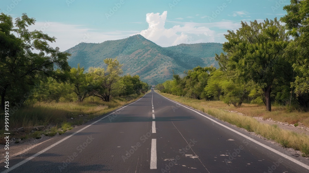 Wall mural asphalt road through lush green hills