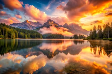 Tranquil mountain lake glimmers with soft ripples as warm golden hour lighting illuminates the surrounding peaks in hues of pink and orange, with misty clouds hovering above.