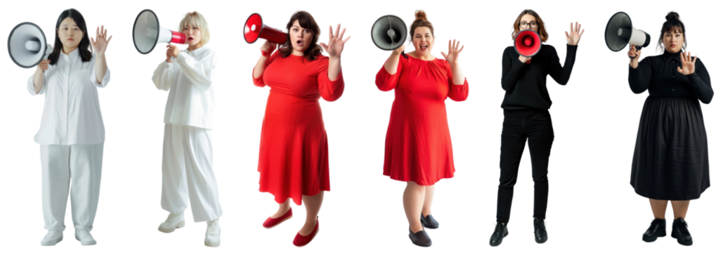 Woman using megaphone full body png cut out element set