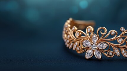 Fototapeta premium Elegant Gold Bracelet with Diamond Flower Design on Blue Background