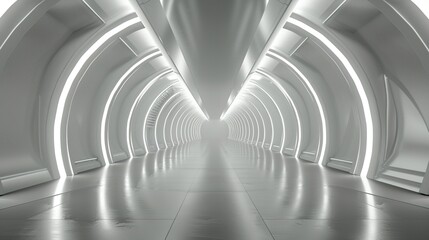 Empty 3D Neon Background Studio: White Background with Futuristic Corridor and Silver Road Design
