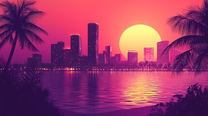 Fototapeta premium Synth wave retro miami city landscape background at sunset, digital illustration. Retro Illustration