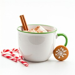 A ceramic coffee cup with a red or green rim, filled with a hot drink (such as coffee or hot chocolate) accompanied by a cinnamon stick or floating marshmallows. Additionally, small candy canes