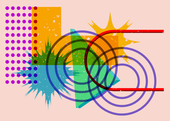 Colorful geometric shapes. Object in trendy riso graph design. Geometry elements abstract risograph print texture style.