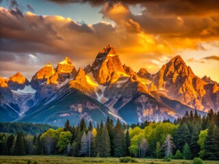 Obraz premium Distant Mountain Range awakens at dawn, as warm sunlight peeks over the horizon, bathing the landscape in a soft, golden glow and highlighting the majestic grandeur of the peaks.