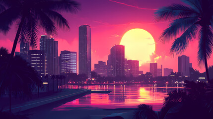 Synth wave retro miami city landscape background at sunset, digital illustration. Retro Illustration