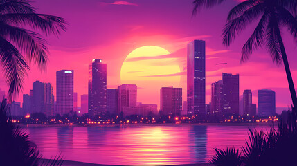 Obraz premium Synth wave retro miami city landscape background at sunset, digital illustration. Retro Illustration