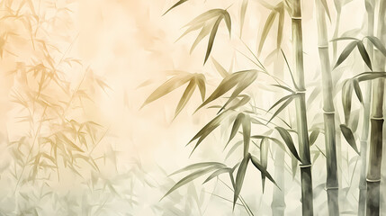 Serene, soft pastel, a detailed close up of a watercolor painting capturing the tranquility of a bamboo forest surrounded by a vintage pastel nature pattern background. Bamboo Forest. Illustration