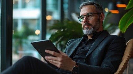 Fototapeta premium Businessman Using Tablet in Modern Office Setting