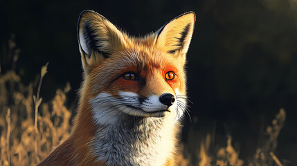 Fototapeta premium Stunning photorealistic portrait of red fox, generated by ai. Chiaroscuro. Illustration