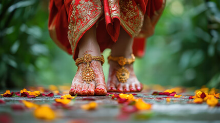 beautiful Bengali bride walks gracefully, adorned with intricate red alta on her feet, symbolizing her wedding. vibrant petals scattered around enhance festive atmosphere