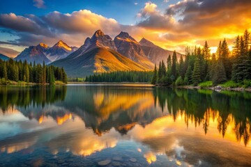Tranquil Mountain Lake awakens to vibrant sunrise hues with golden light scattering across rippling waters and majestic mountains in serene natural setting.