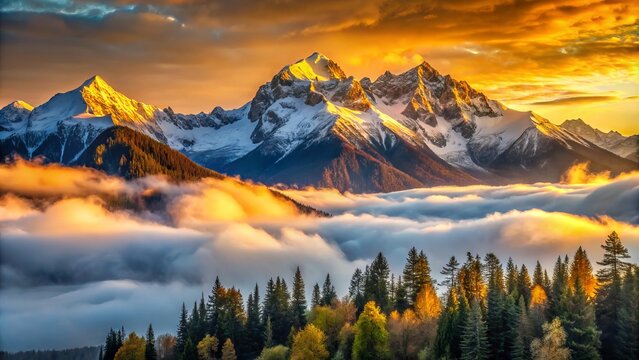 Golden hour illuminates snow-capped summits while misty fog creeps through valley