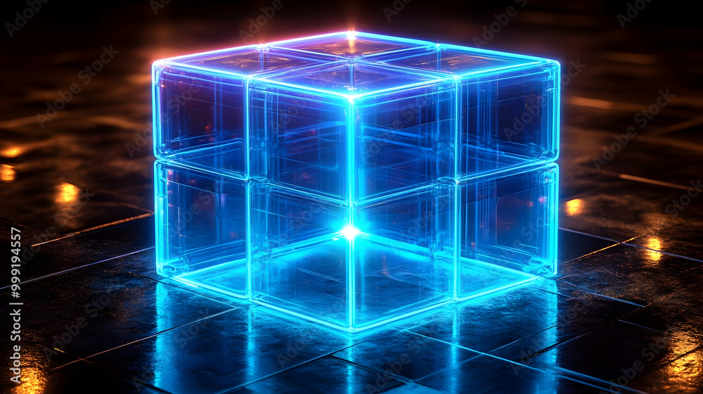 Canvas Prints Glowing Cube with Neon Lights, Futuristic Abstract Design