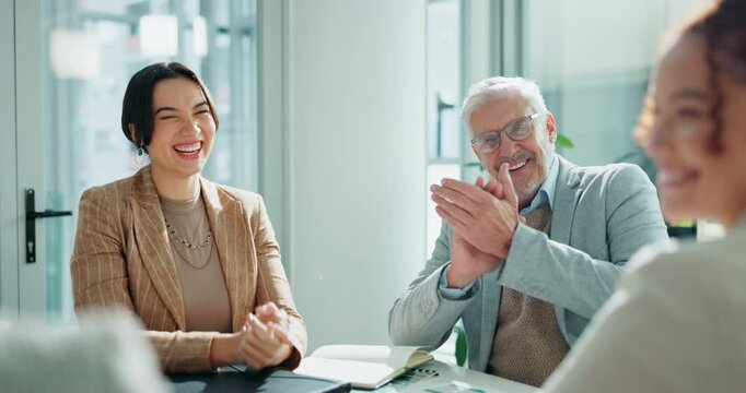 Happy business people, handshake and applause with meeting for promotion, teamwork or congratulations at office. Group of young employees shaking hands and clapping for deal, agreement or partnership